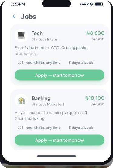 The Lagos Life in-game Jobs screen showing real salaries — Tech ₦8,600, Banking ₦10,100 per shift